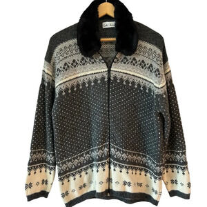 Vintage Fair Isle Angora Blend Cardigan Faux Fur Collar